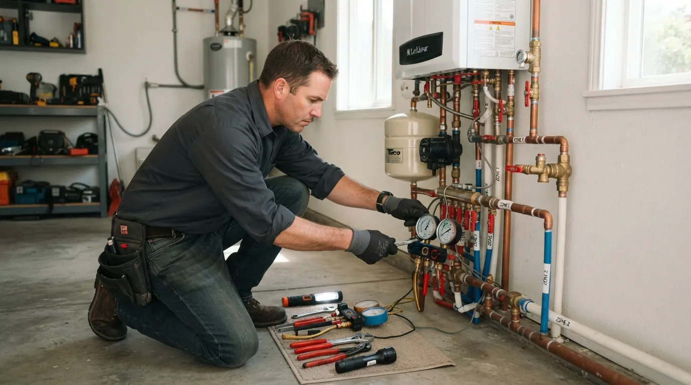 Plumber locating a radiant slab heating leak in a San Jose home