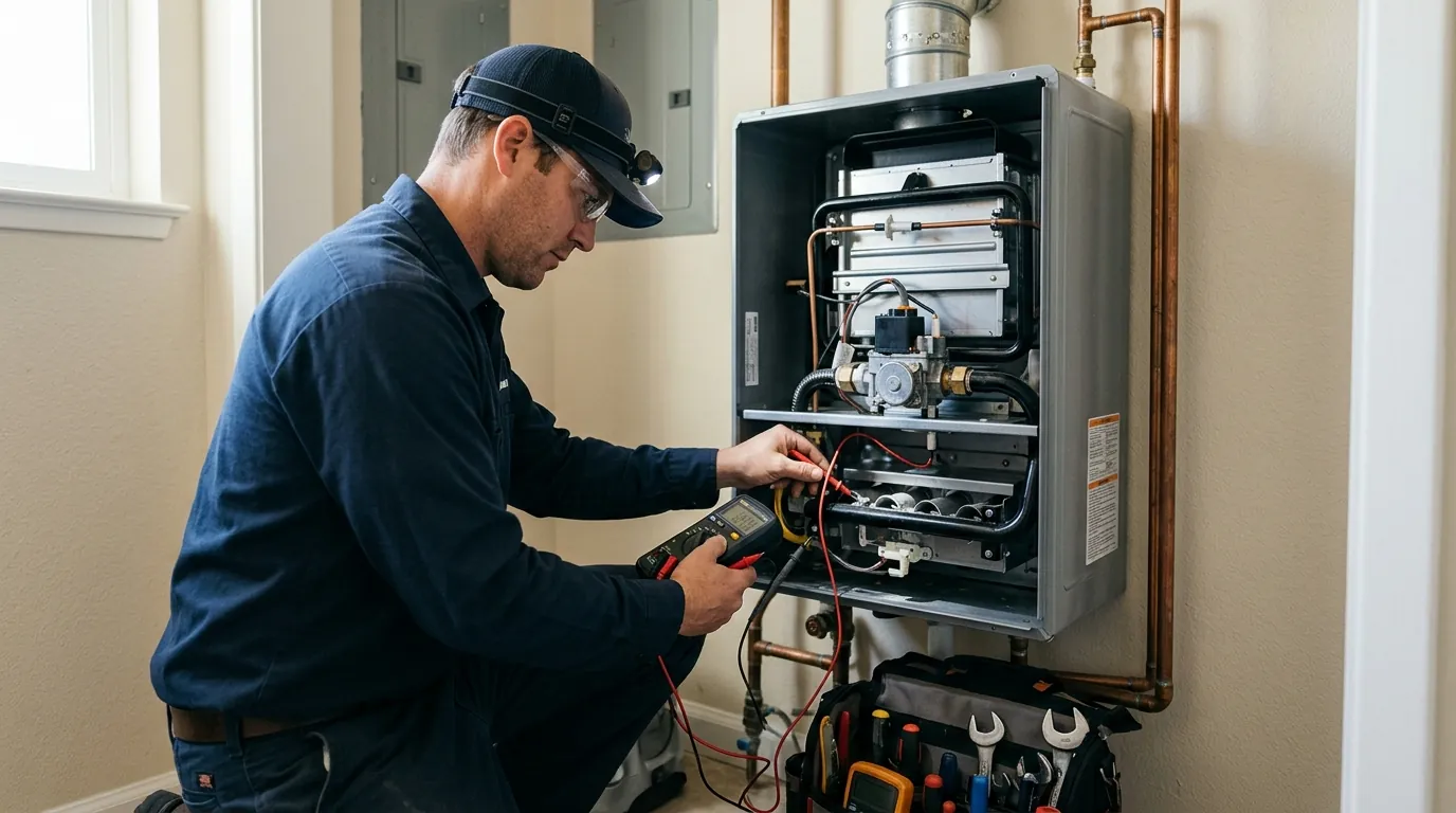 Plumber servicing a Navien tankless water heater in a San Jose home
