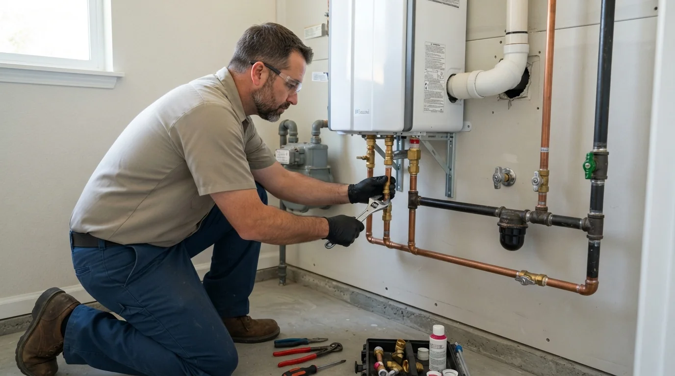 Tankless water heater installed on a San Jose garage wall