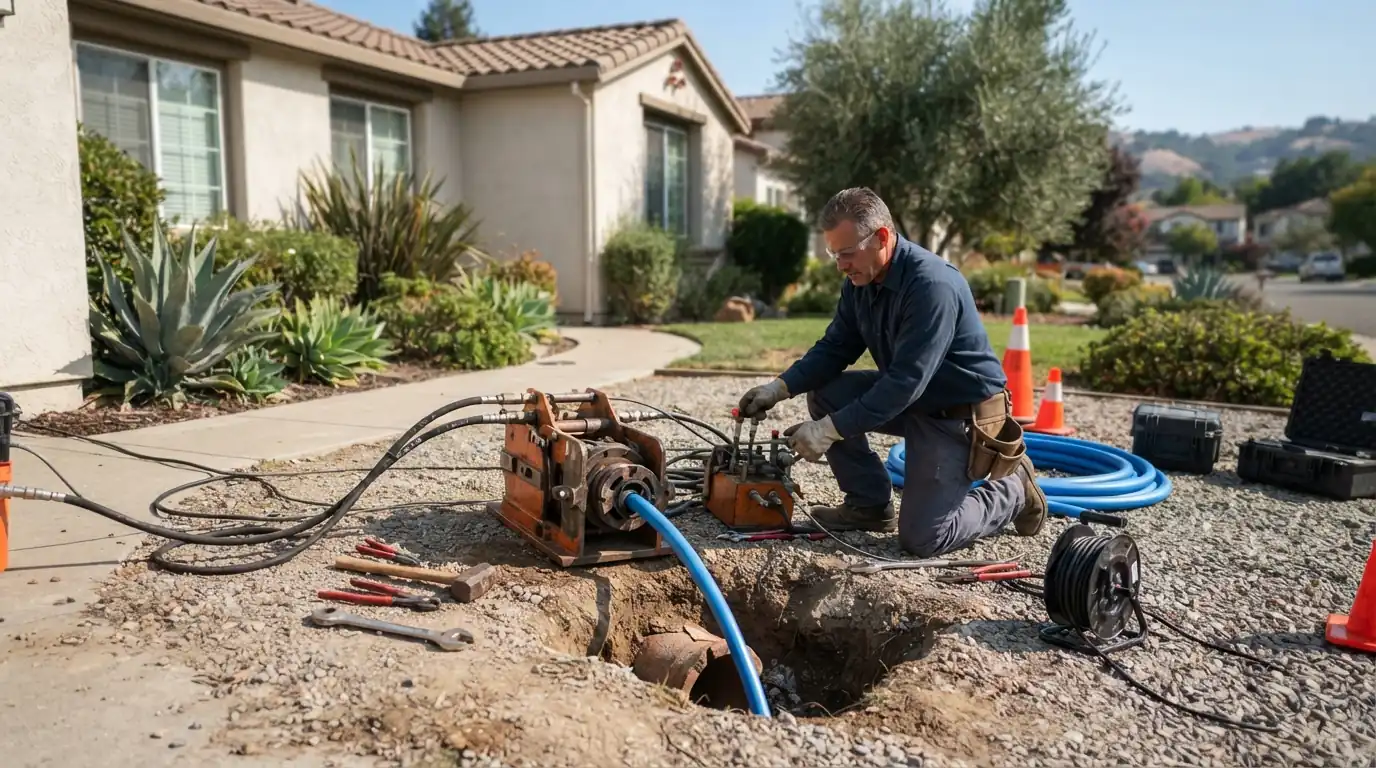 Trenchless sewer replacement in progress at a San Jose home