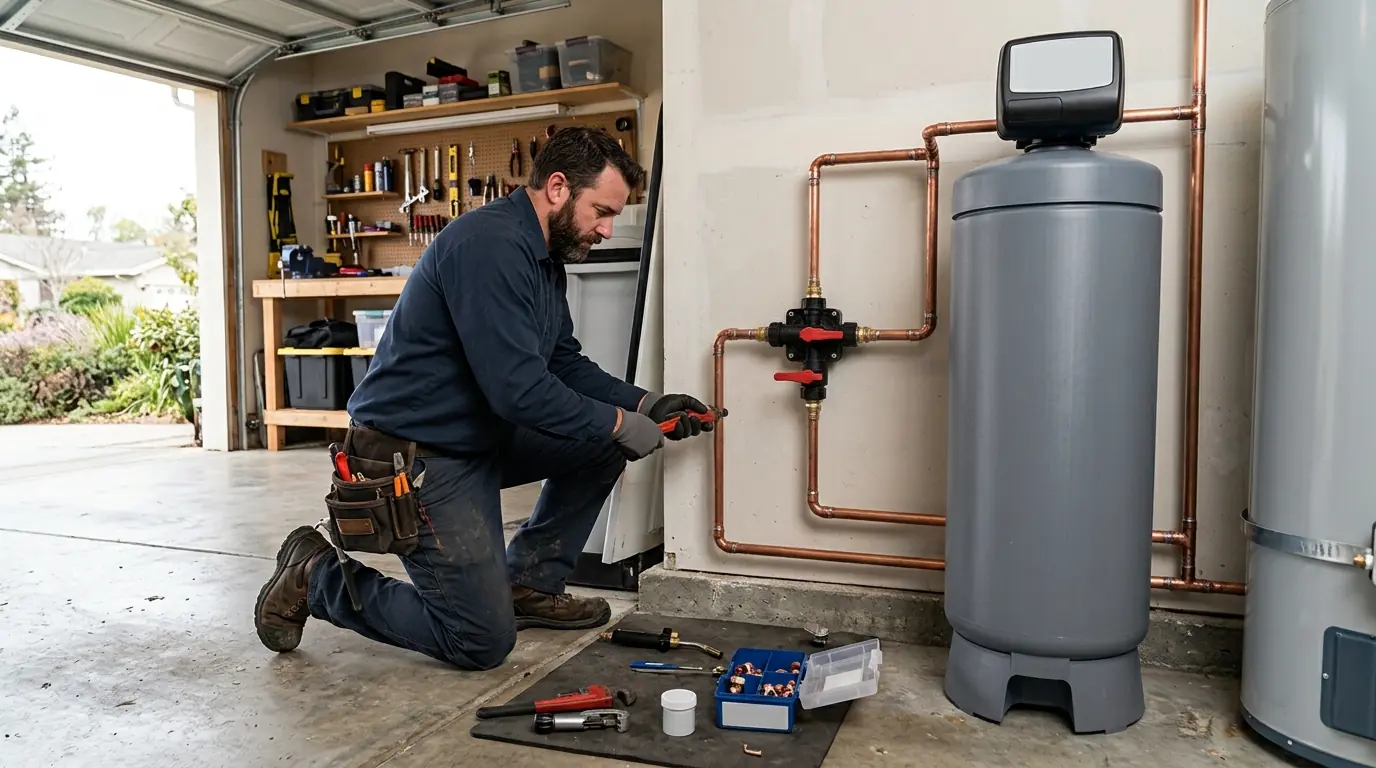 Plumber installing a water softener in a Morgan Hill garage