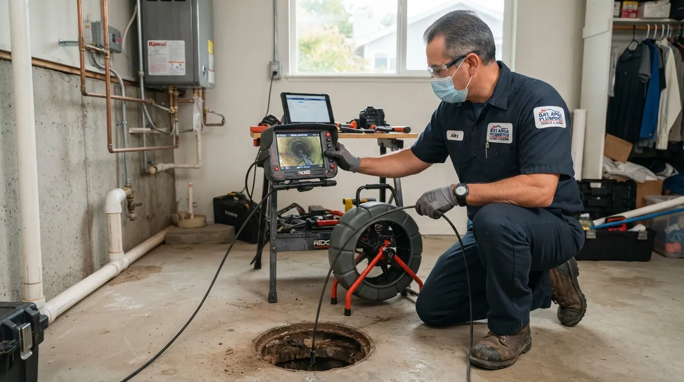 Plumber feeding a sewer camera into a cleanout in San Jose