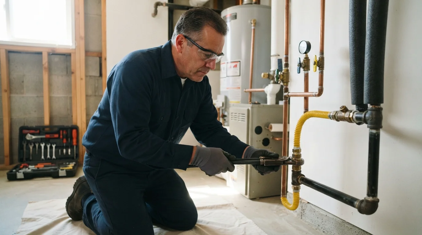 Plumber installing gas piping in a San Jose home