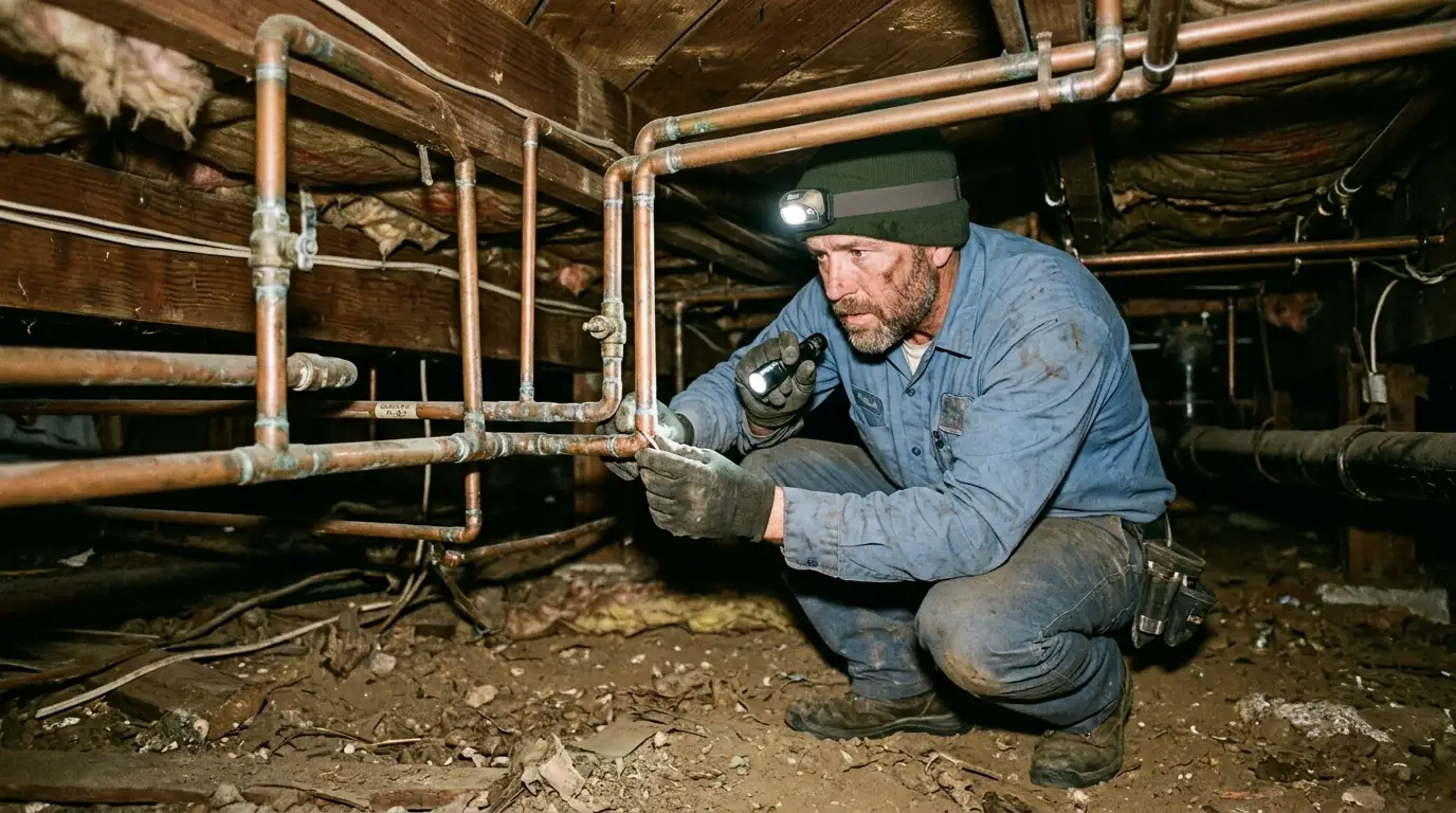 Plumber in the crawl space of a West San Jose home