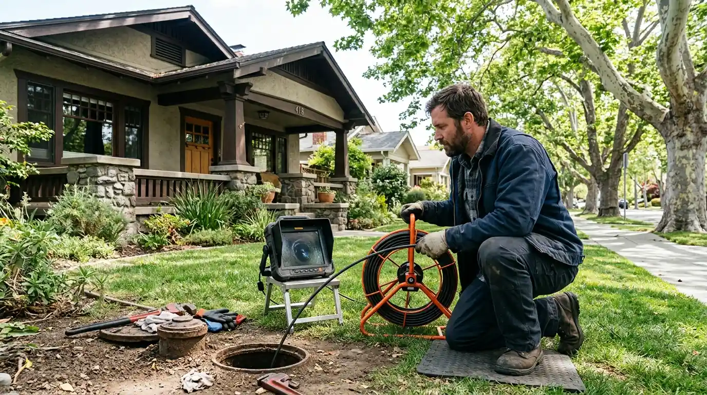 Plumber running a sewer camera at a Naglee Park home