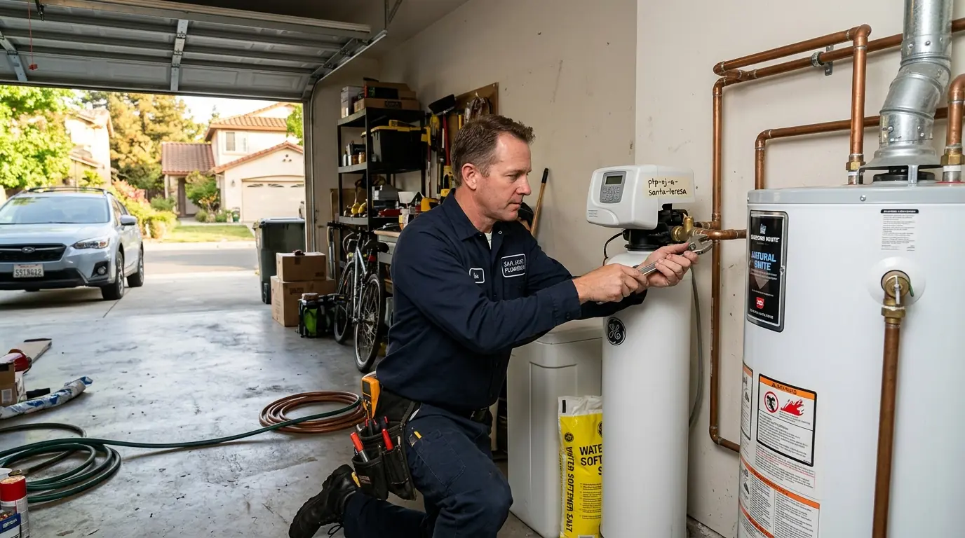 Plumber servicing a water softener in a Santa Teresa home