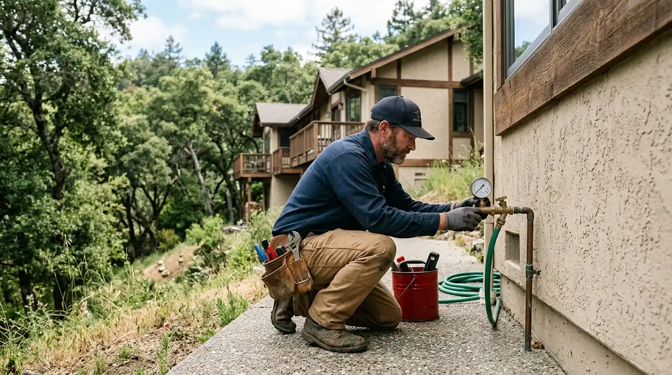 Plumber checking water pressure at a Los Gatos hillside home