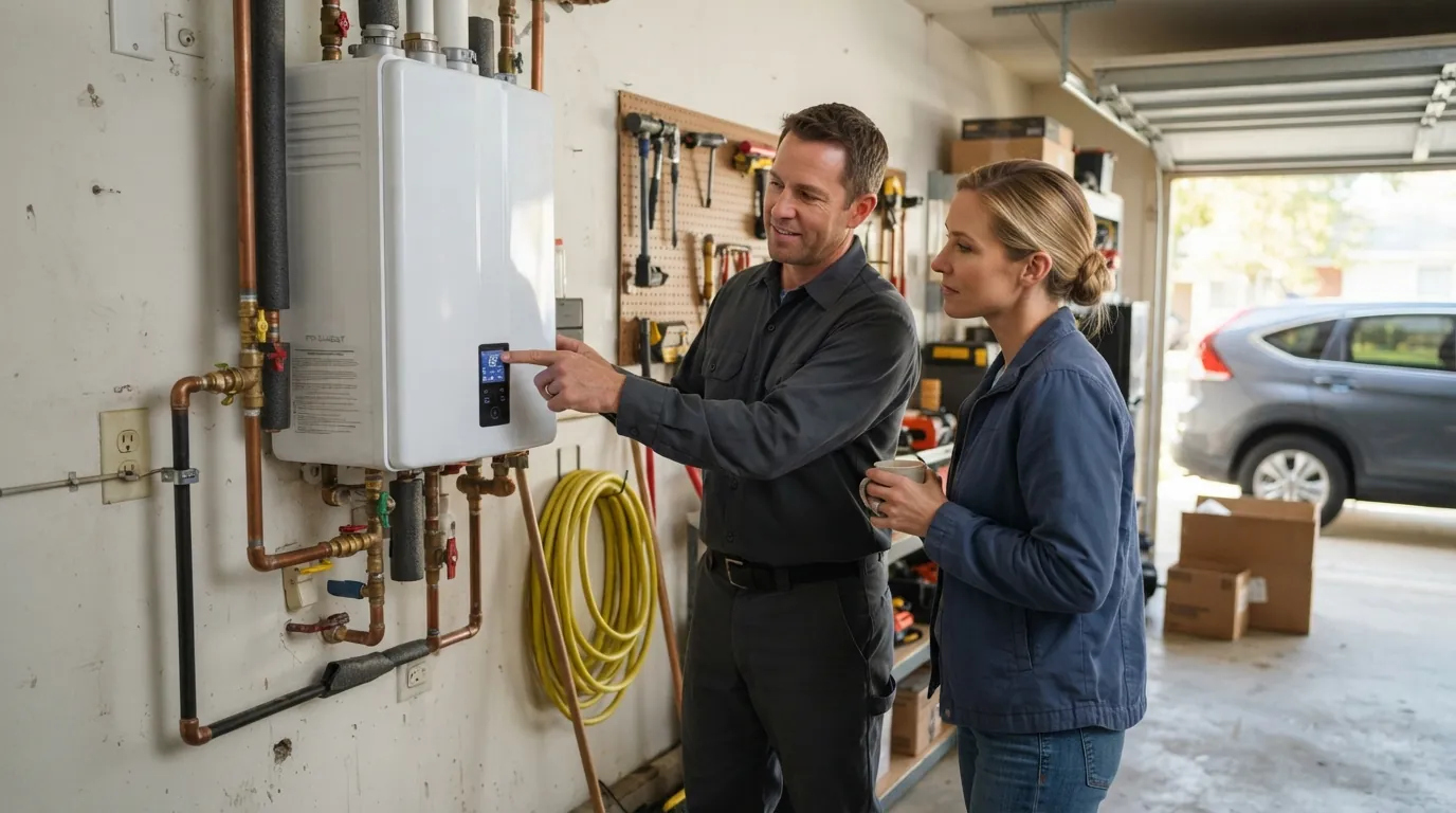 Plumber explaining a tankless unit control panel to a San Jose homeowner