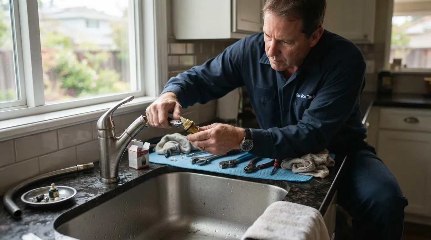Plumber installing a faucet in a San Jose kitchen
