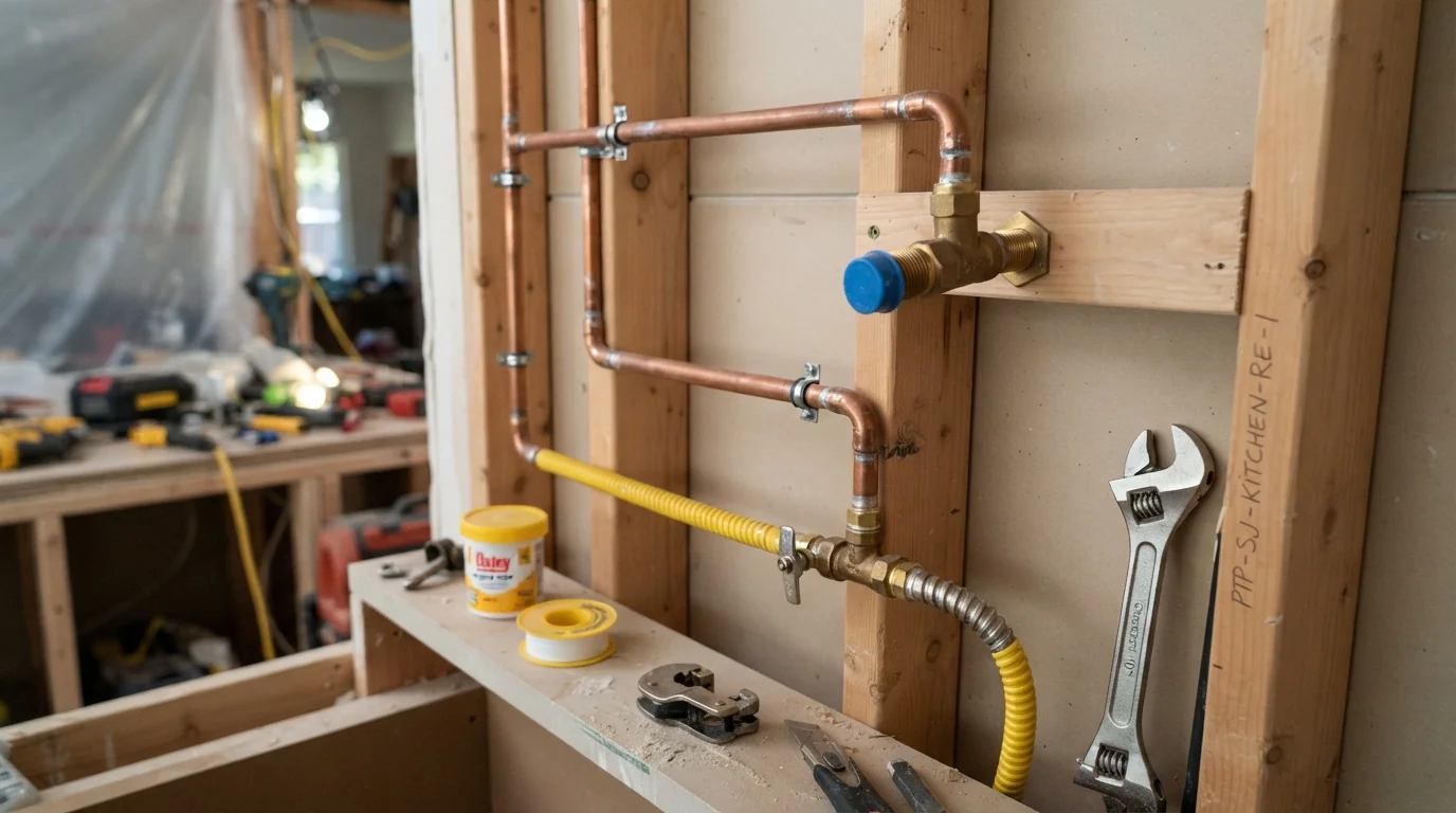 Island sink drain rough-in during a San Jose kitchen remodel