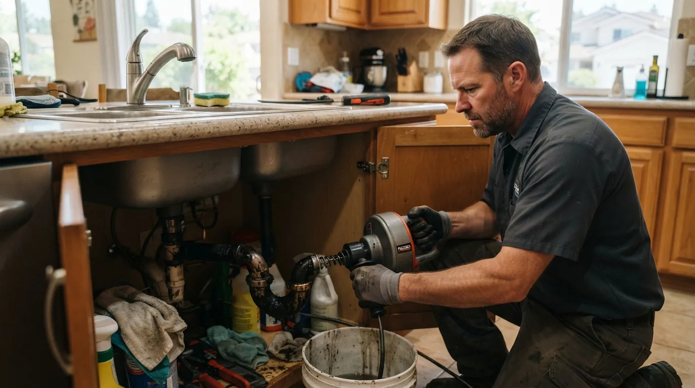 Plumber clearing a clogged drain in a San Jose home