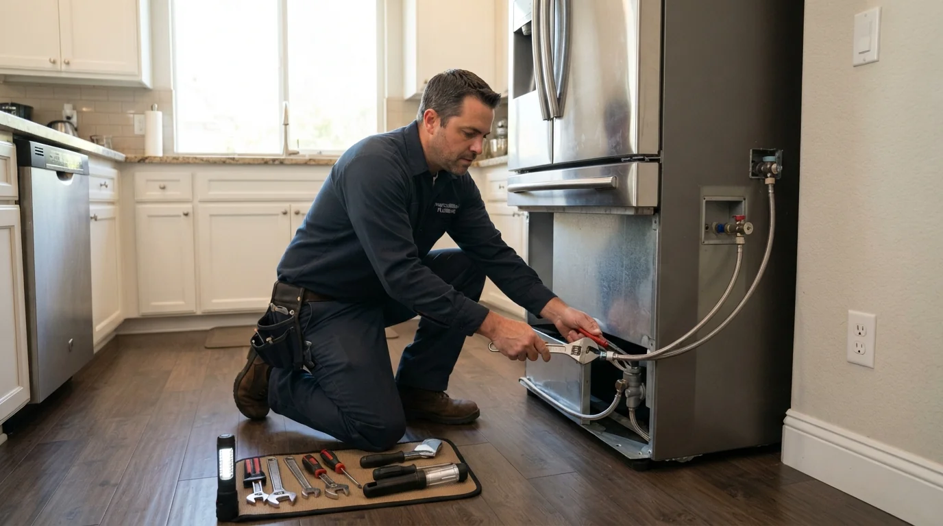 Plumber connecting a dishwasher water line in a San Jose kitchen