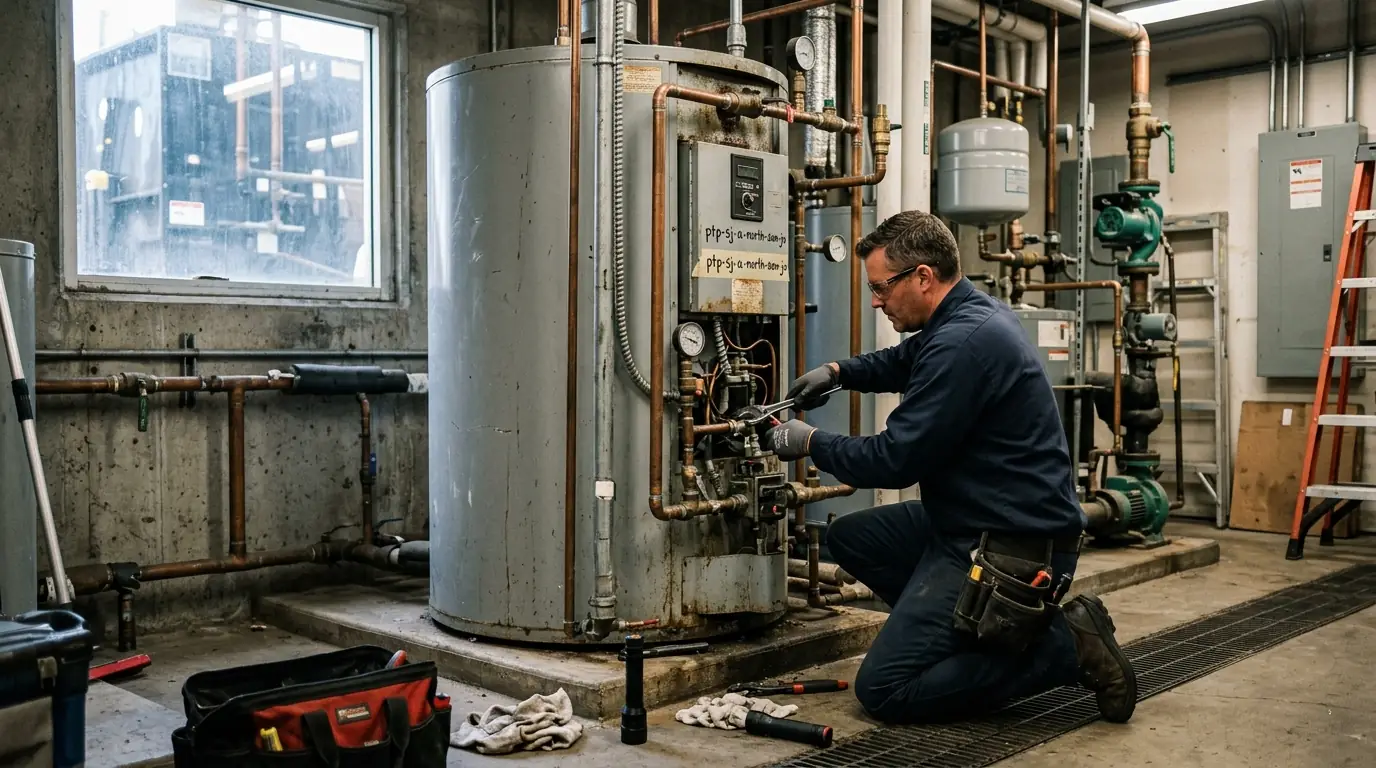 Plumber servicing a commercial water heater in North San Jose