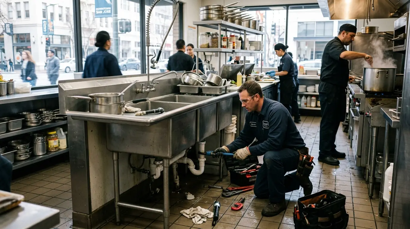 Plumber working in a downtown San Jose restaurant kitchen