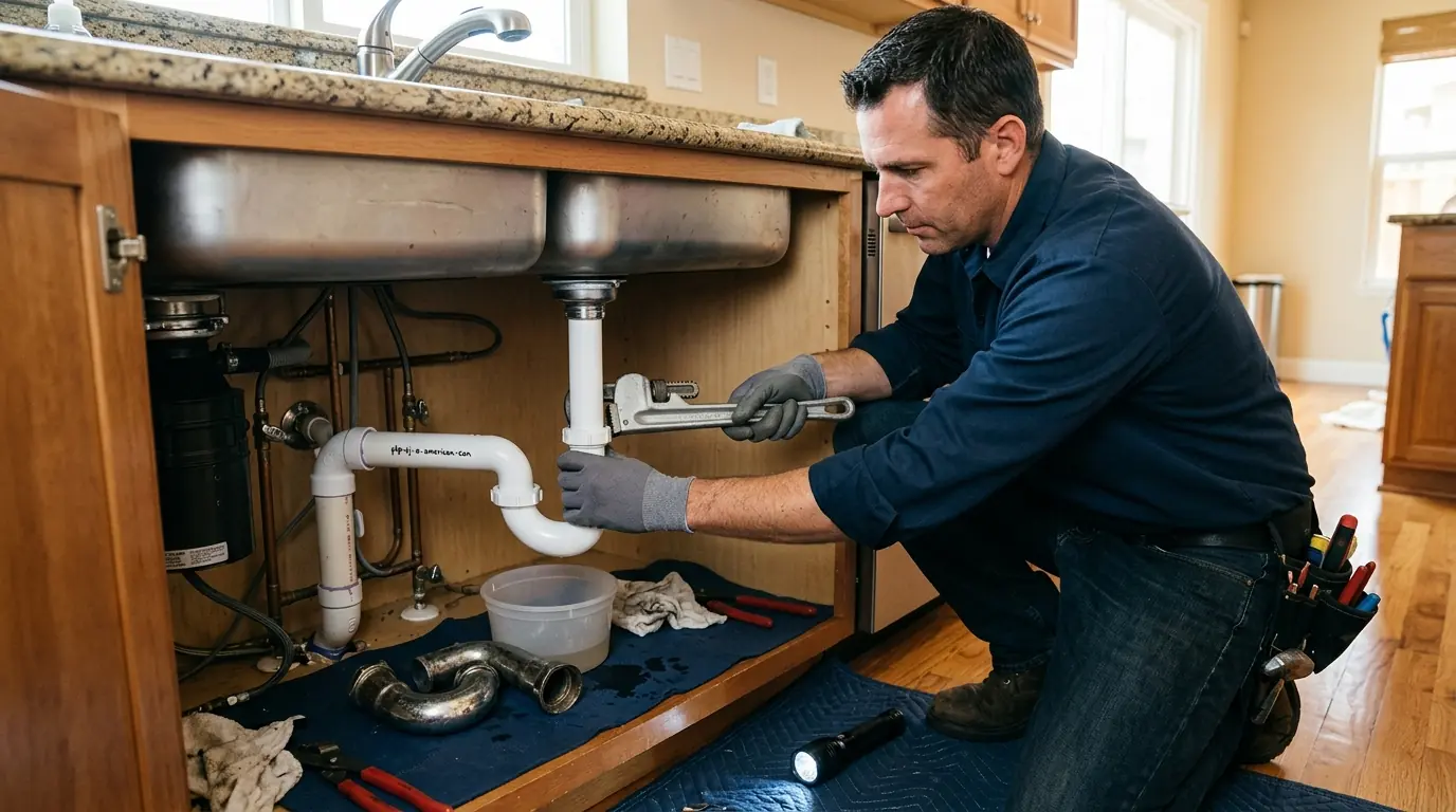Plumber fixing a kitchen sink in an American Canyon home