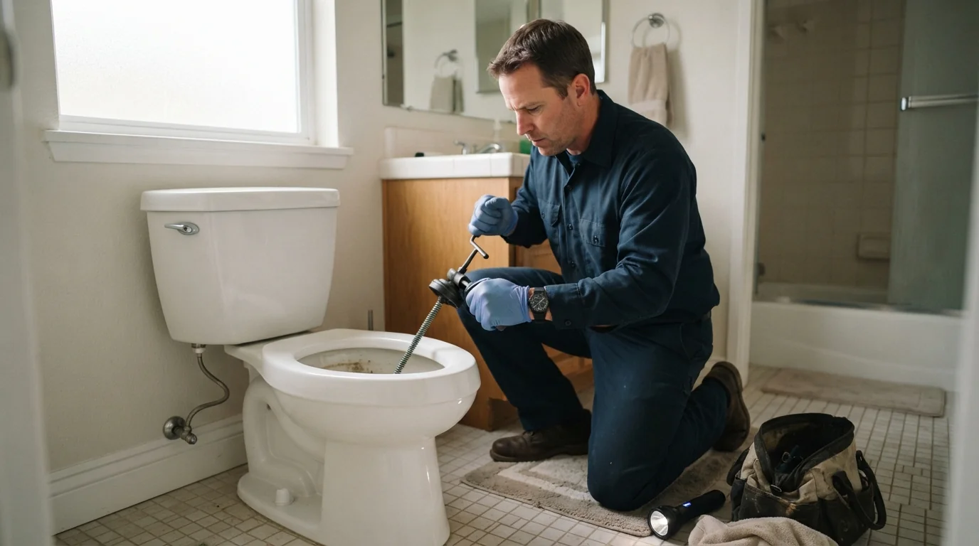 Plumber clearing a clogged toilet in a San Jose home