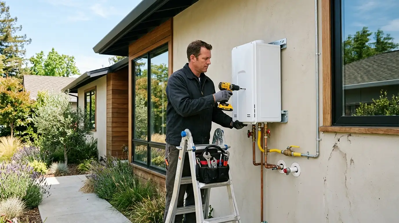 Plumber installing a tankless water heater in a Cupertino home