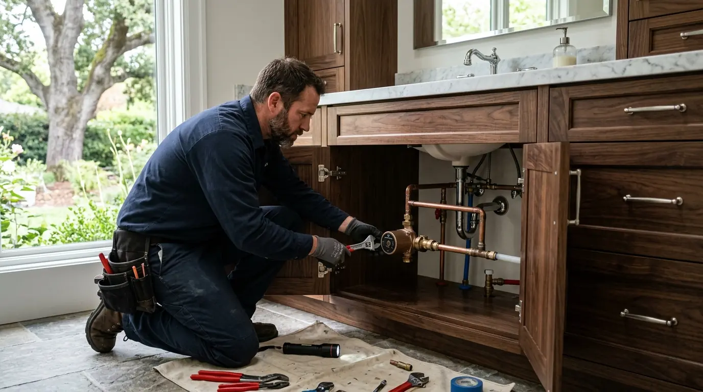 Plumber installing a recirculation pump in a Saratoga home