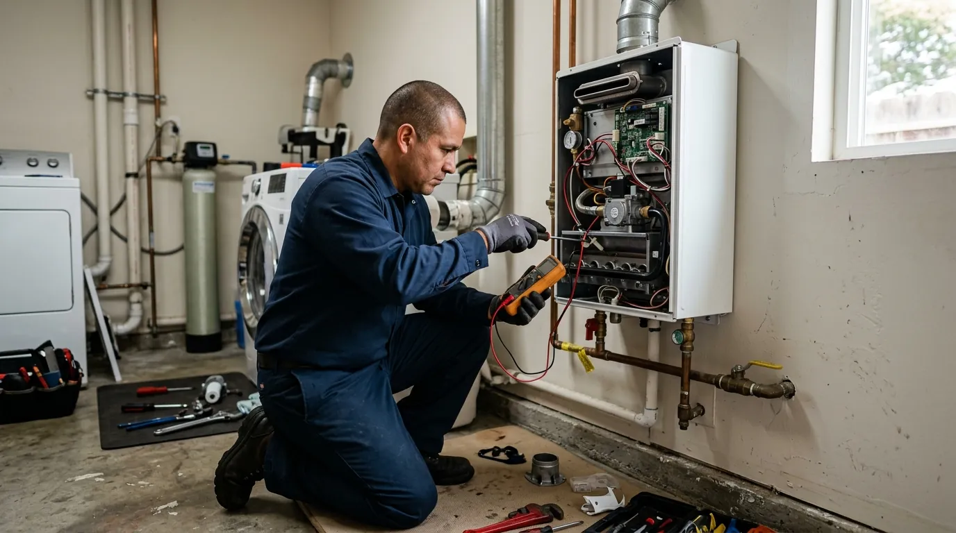 Plumber diagnosing a Noritz tankless water heater in a San Jose garage