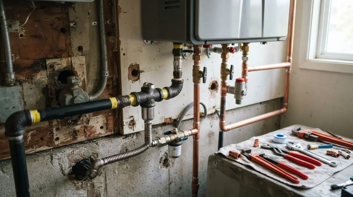 New tankless unit replacing an old one on a San Jose garage wall