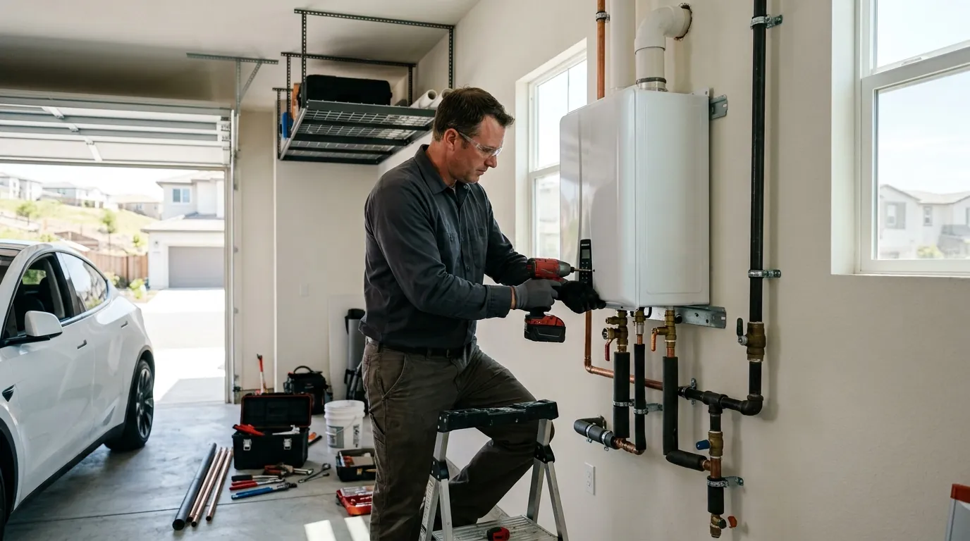 Plumber installing a tankless water heater in a Silver Creek home