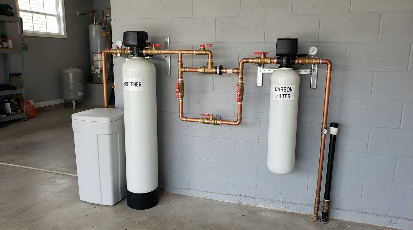 Water softener and carbon filter installed on a San Jose garage wall