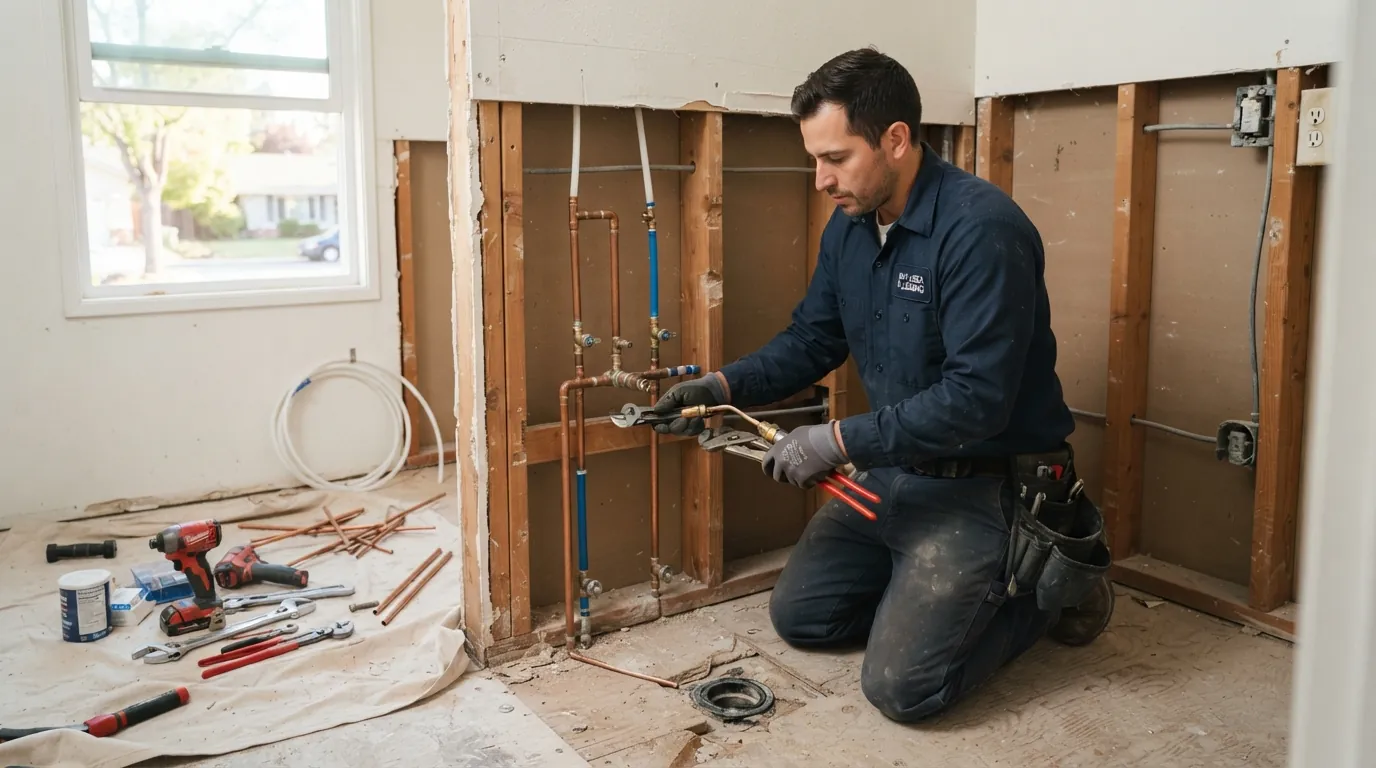 Plumber roughing in a remodeled bathroom in a San Jose home