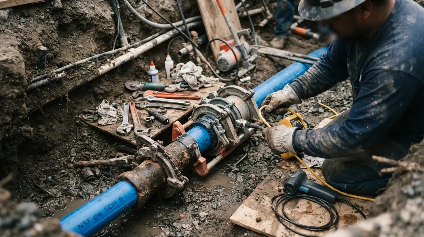Excavated main water line leak between the meter and a San Jose house