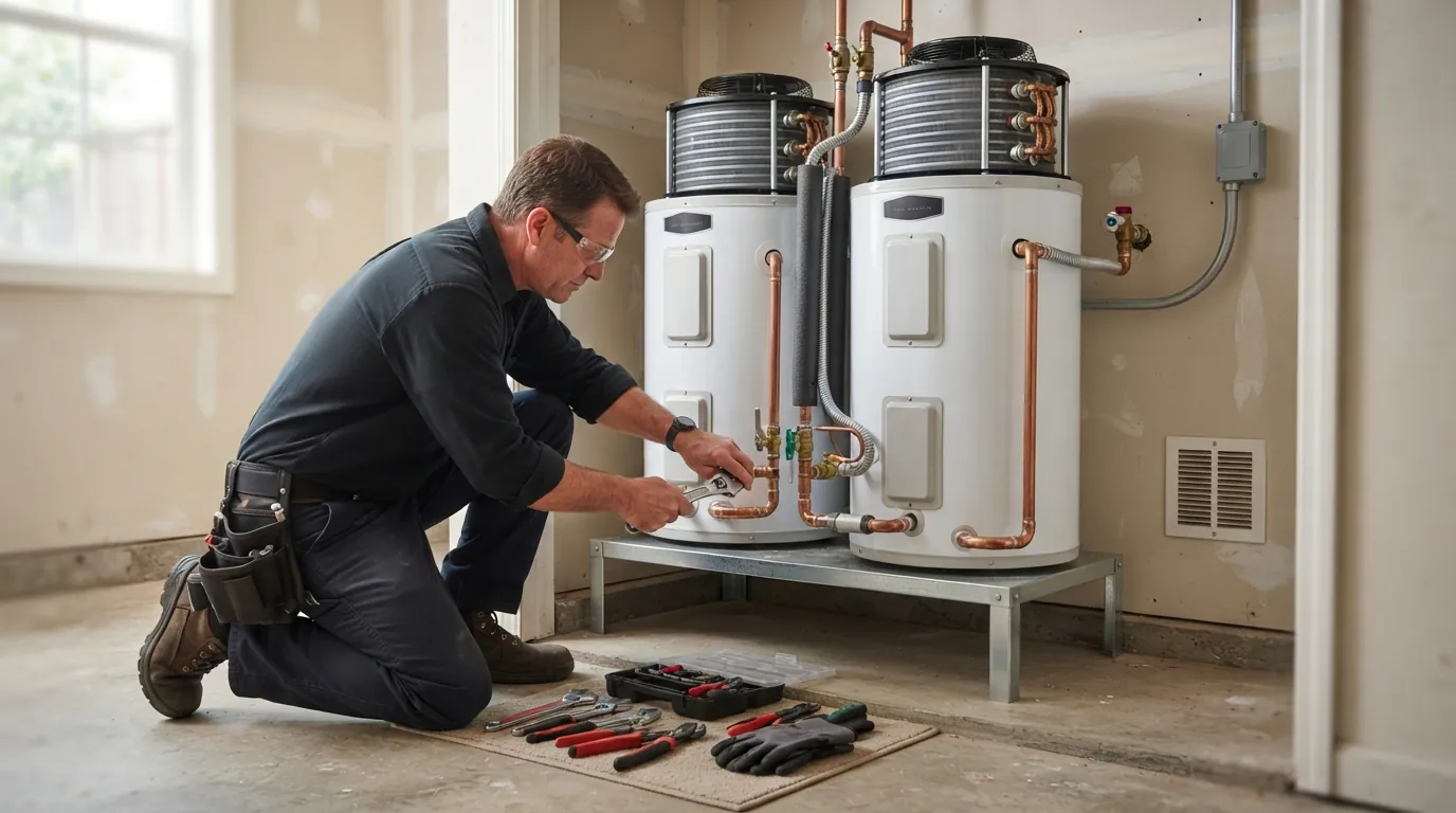 Heat pump water heater being installed in a San Jose home