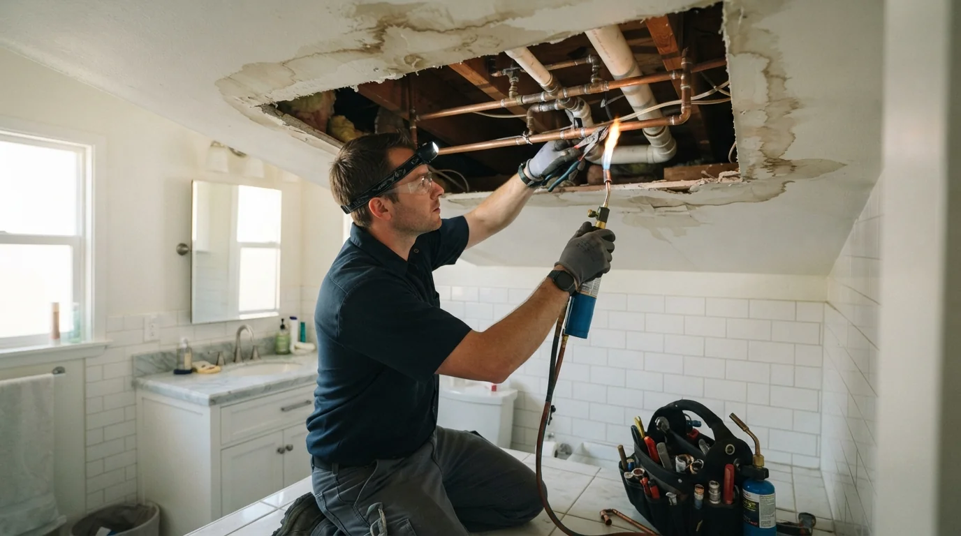 Plumber tracing a ceiling water stain in a San Jose home