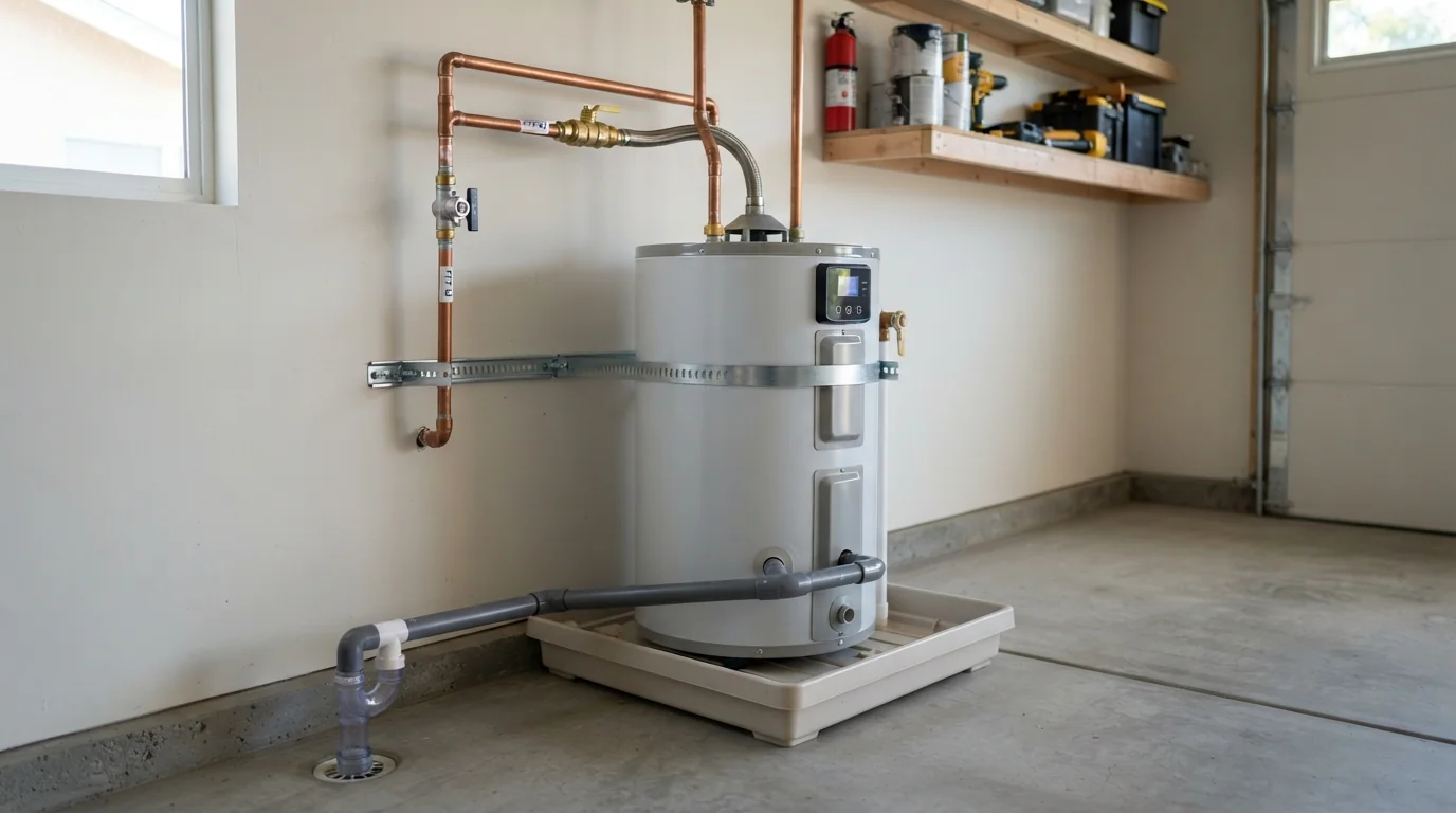 Heat pump water heater installed in a San Jose garage