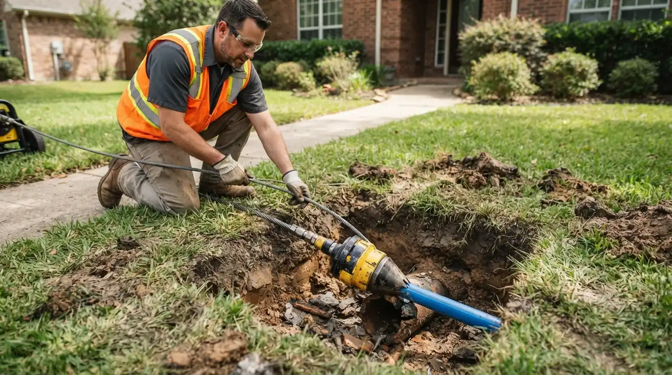 Trenchless pipe bursting head pulled through a front lawn in San Jose