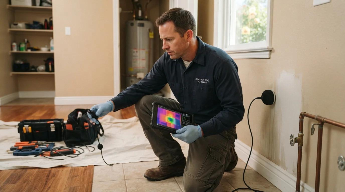 Plumber using leak detection equipment in a San Jose home