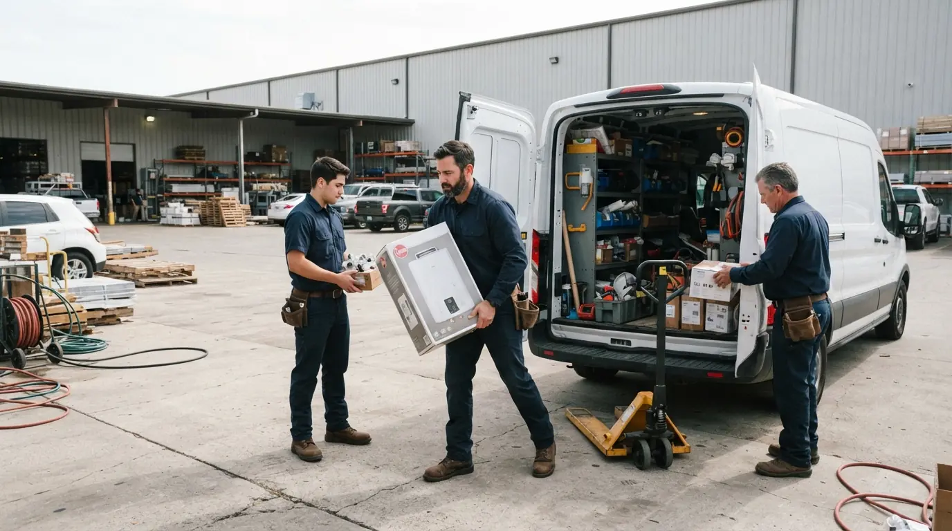 Plumbers loading a tankless water heater into a service van in San Jose