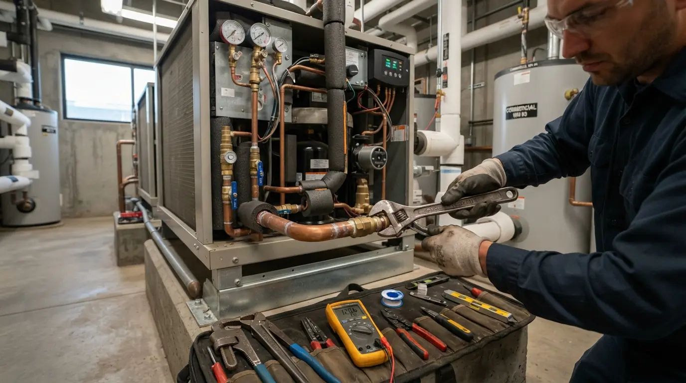 Racked commercial tankless water heaters in a San Jose mechanical room