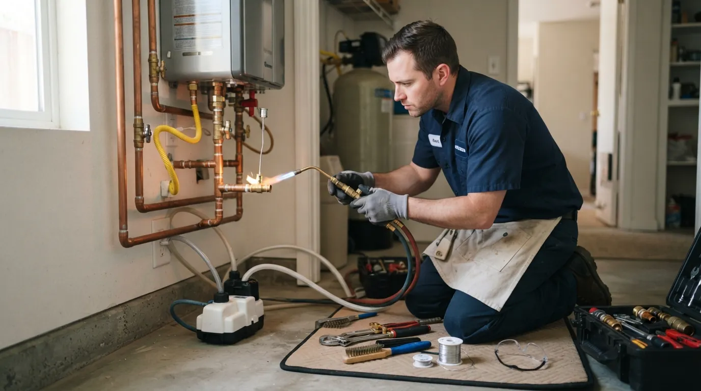 Descaling a tankless water heater in a San Jose garage