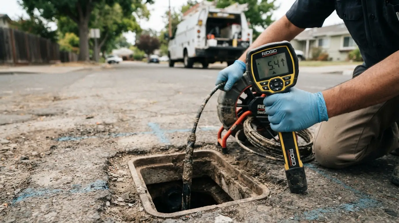 Sewer camera footage on a monitor at a San Jose home sale