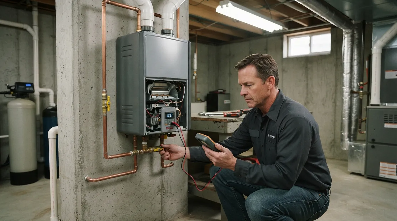 Tankless water heater error display in a San Jose garage