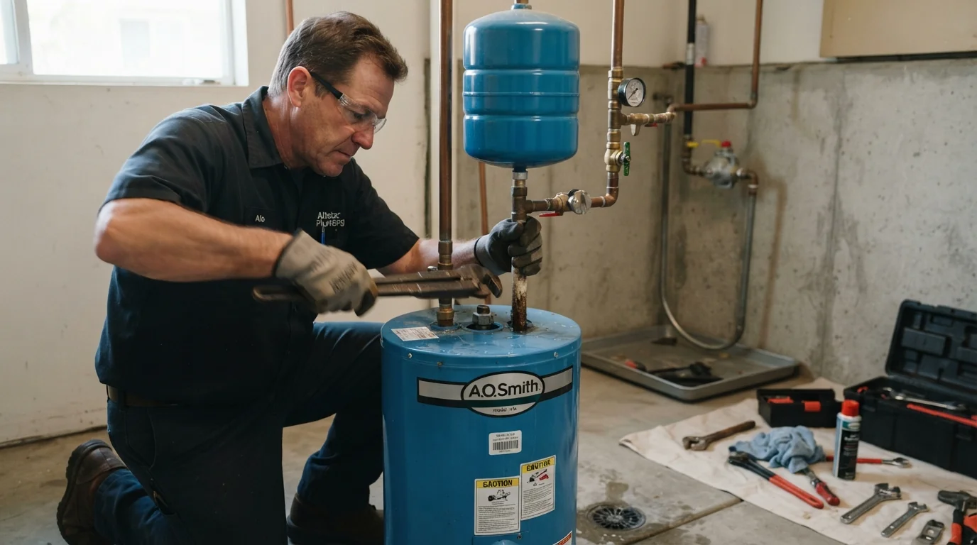 Plumber servicing a tank water heater in a San Jose garage