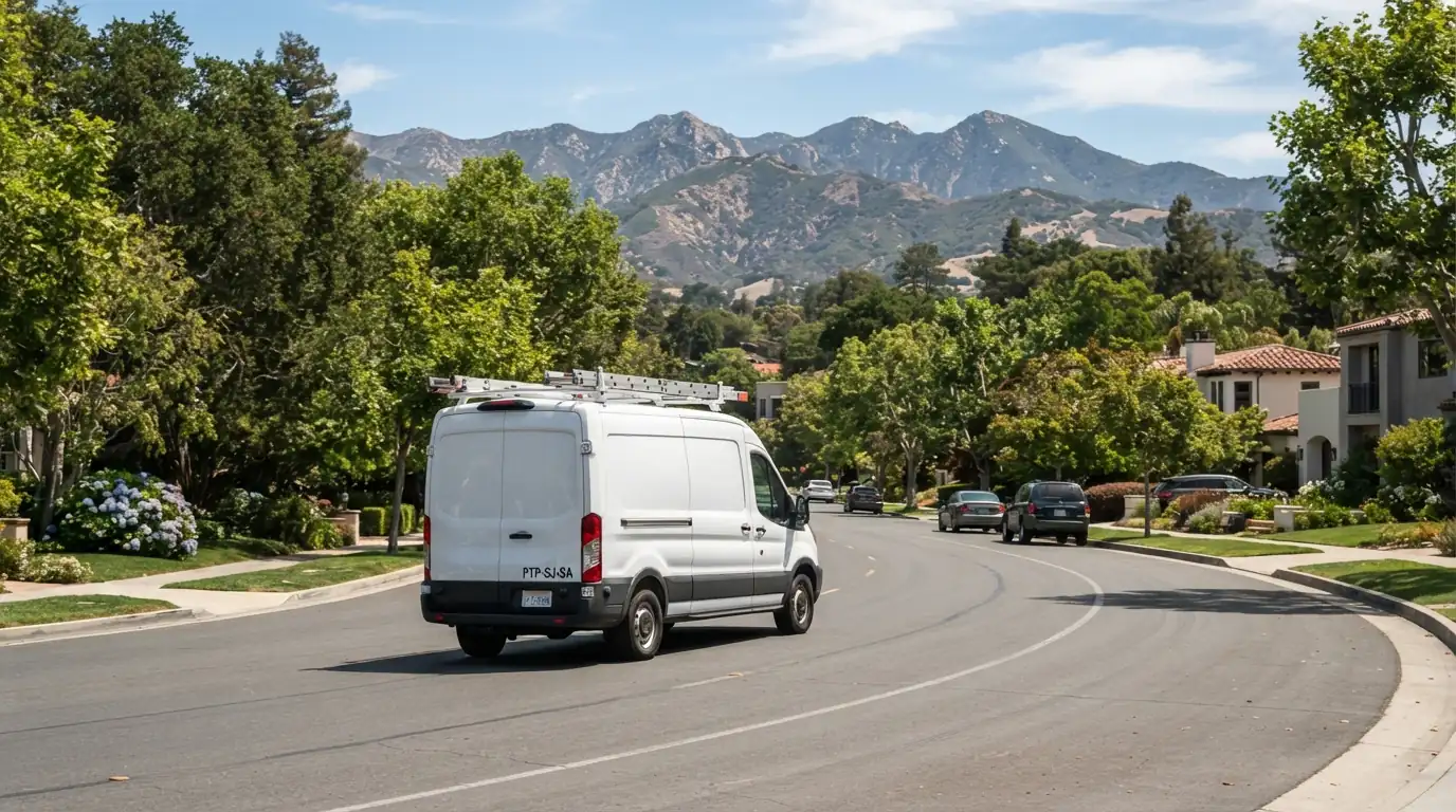 Plumber service van on a tree-lined South Bay street near San Jose