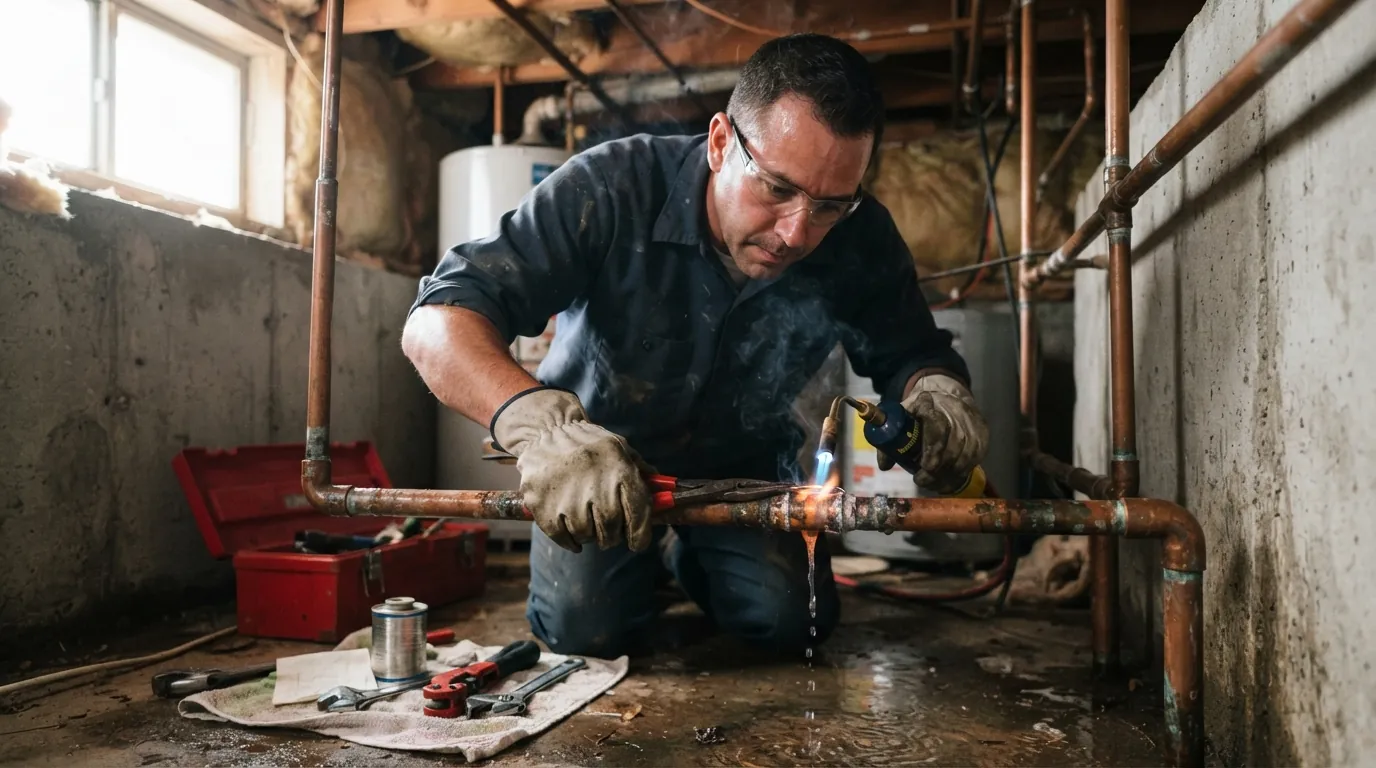 Plumber repairing a burst pipe in a San Jose home
