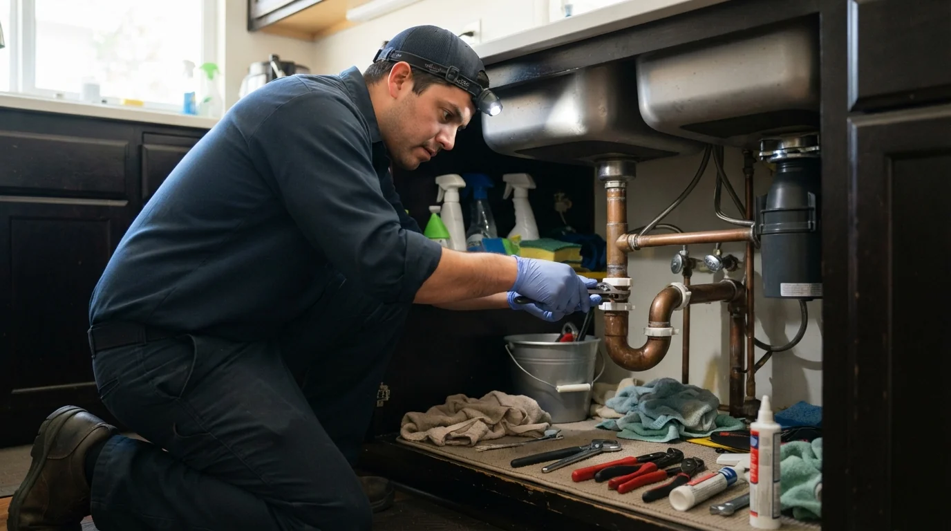 Plumber repairing a leaking pipe in a San Jose home