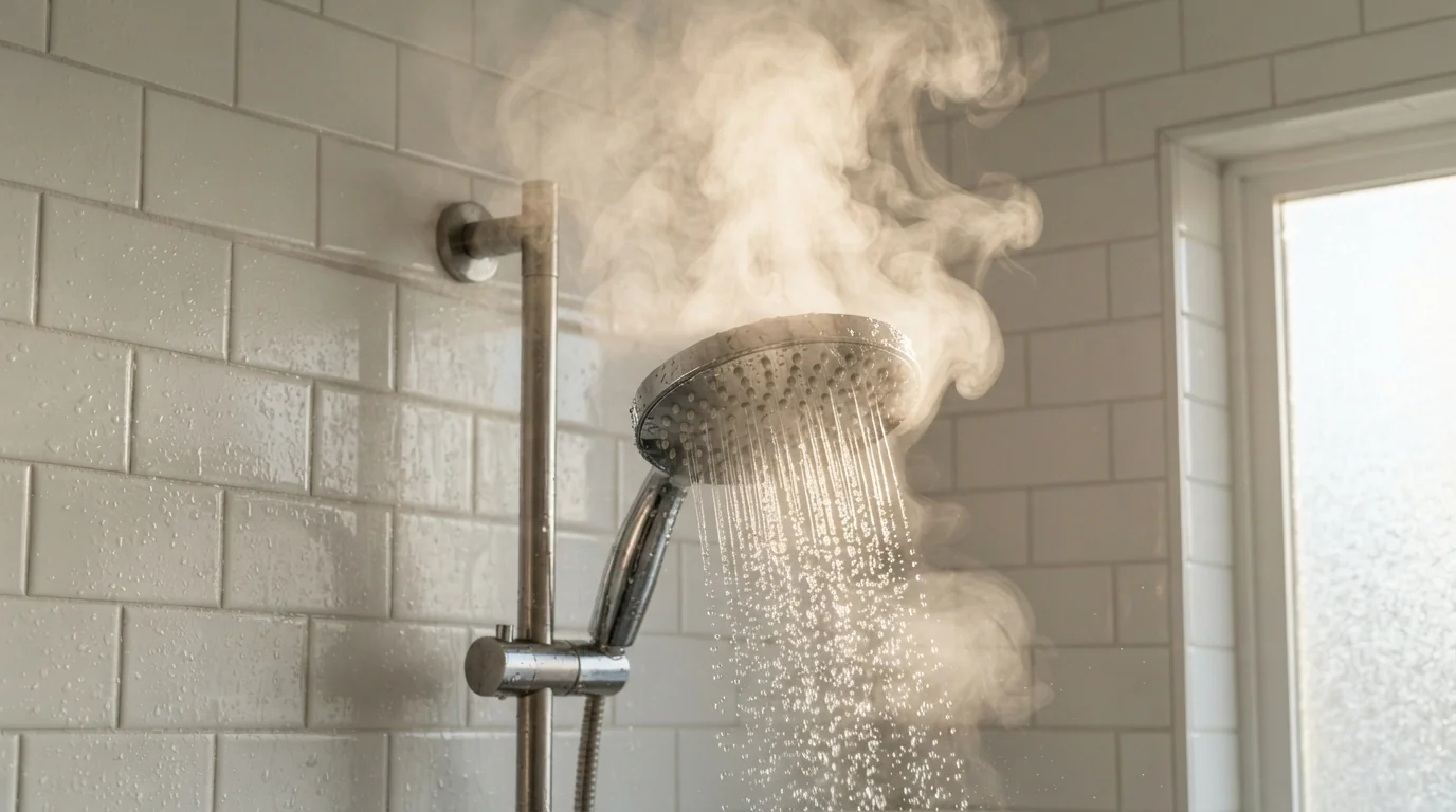 Hot water running from a shower head in a San Jose home