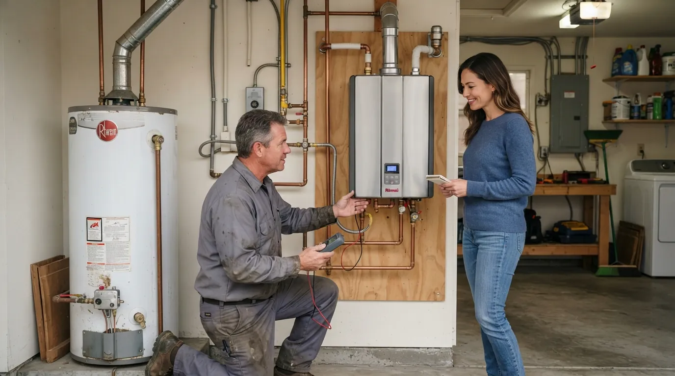 Tank and tankless water heaters side by side in a San Jose garage