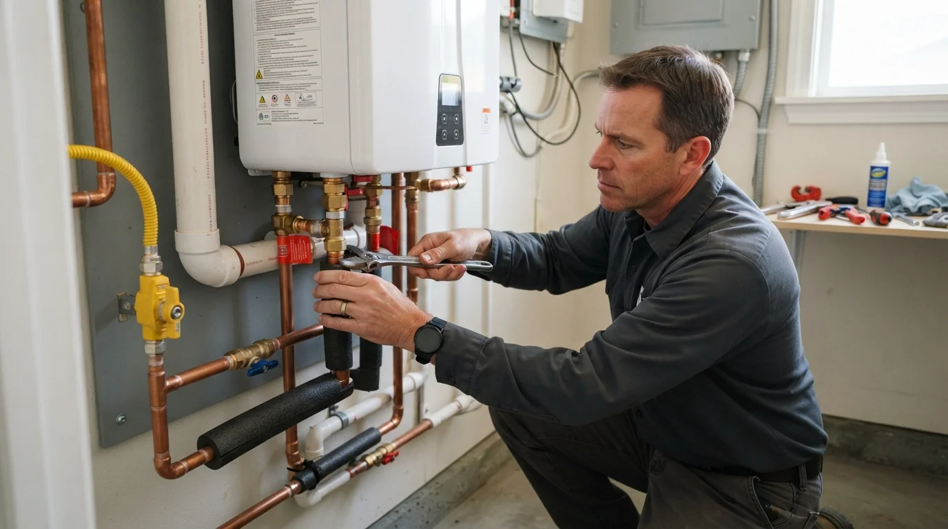 Tankless water heater replacement in a San Jose garage