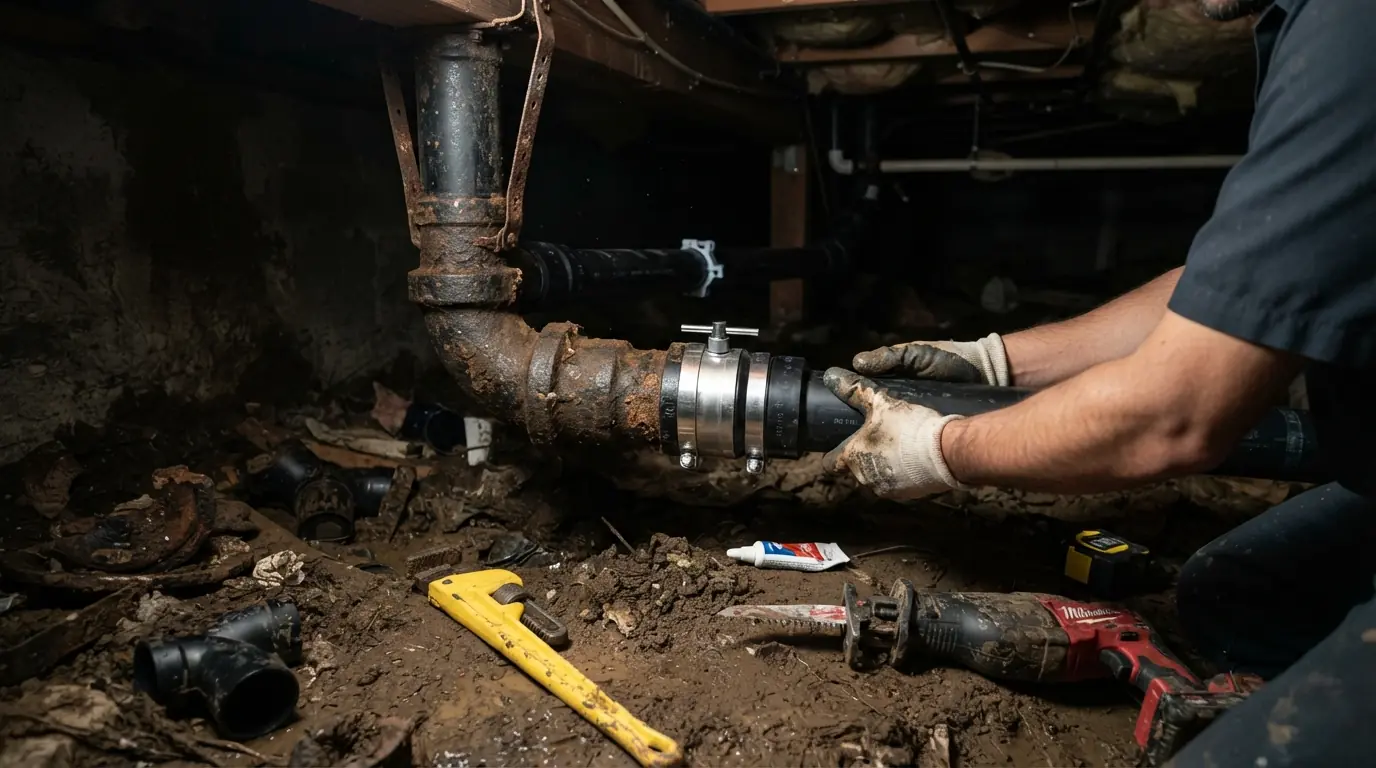 Trench cut in a slab for drain replacement in a San Jose home