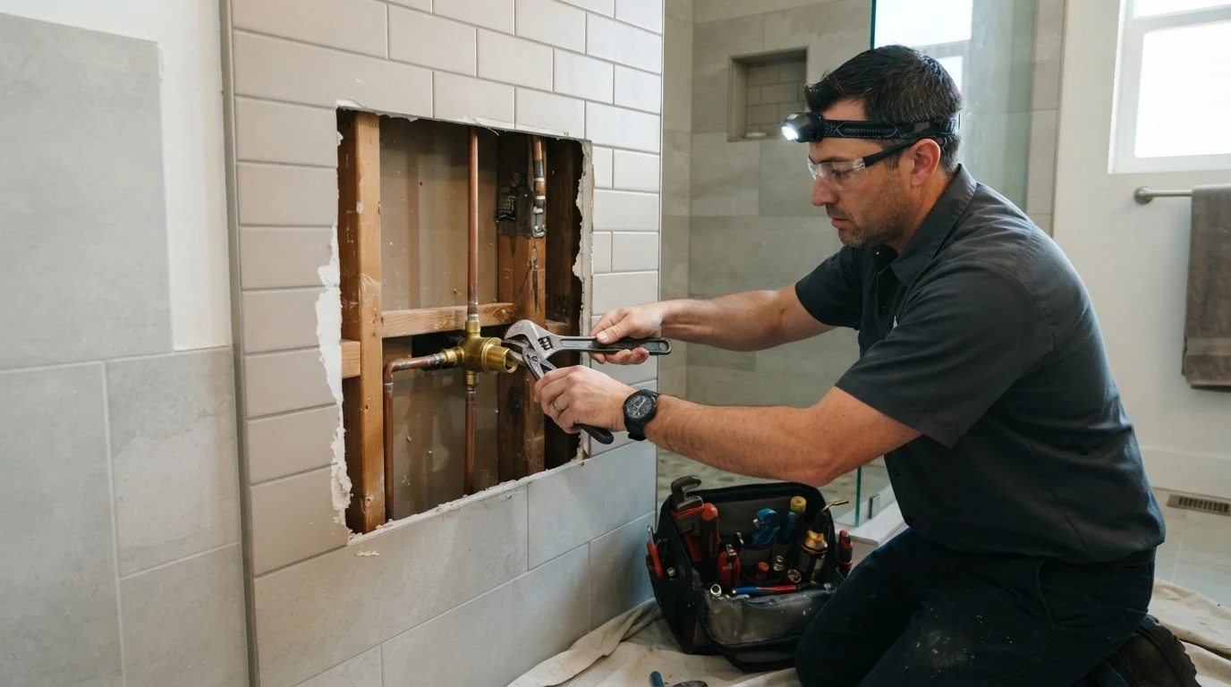 Plumber repairing a shower valve in a San Jose bathroom