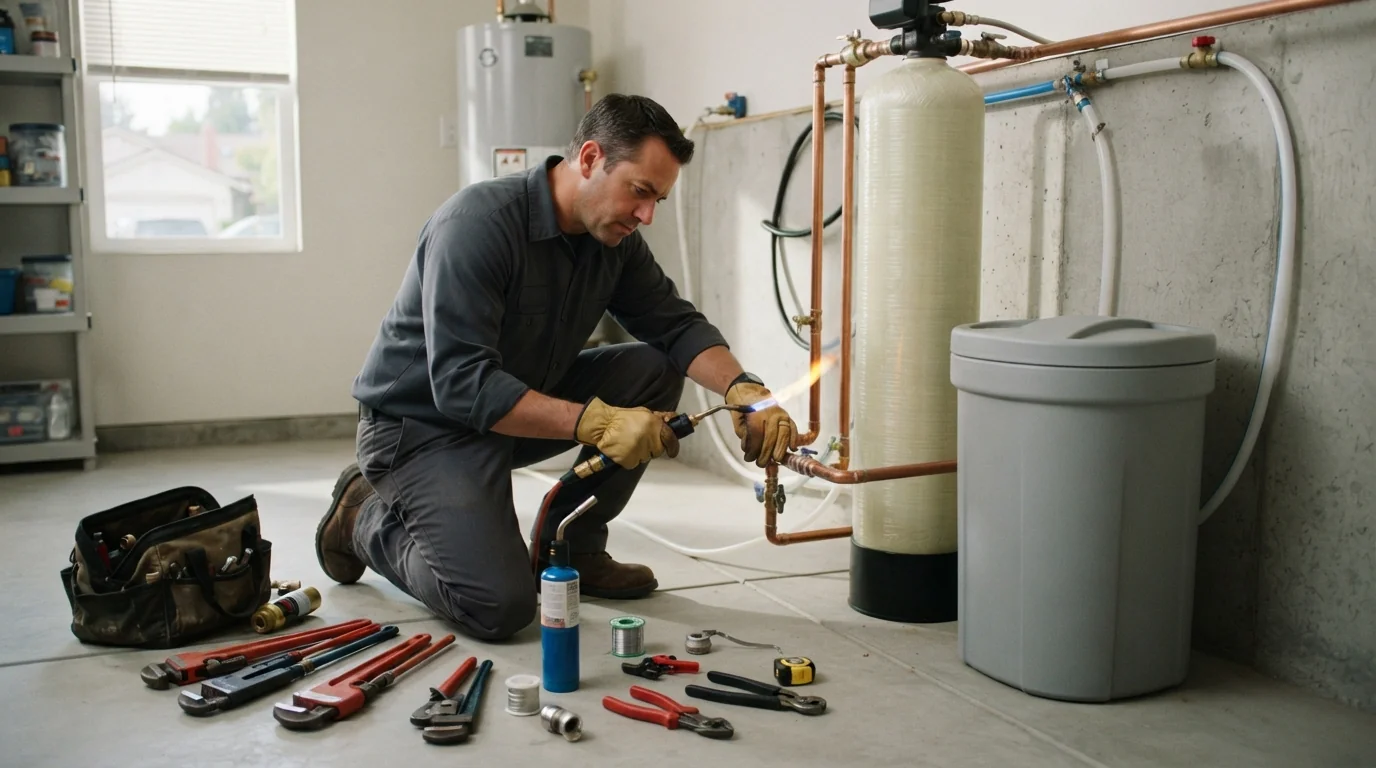 Water softener installed at the main water line of a San Jose home
