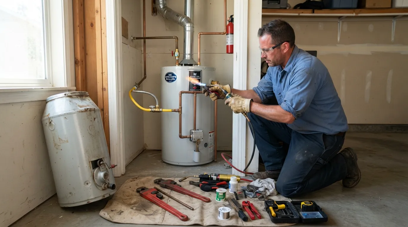 Water heater replacement in a San Jose garage