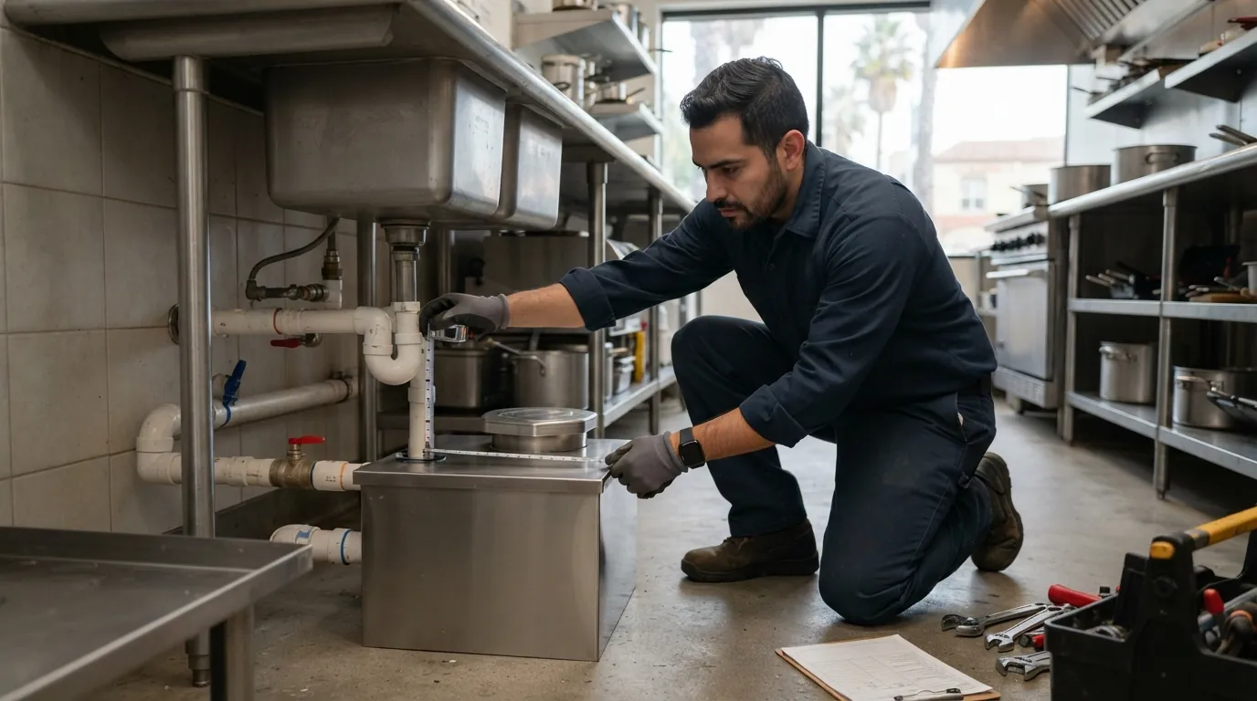 Plumber working in a San Jose restaurant kitchen
